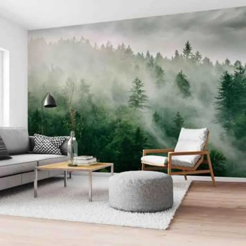Fotobehang Mistige heuveltop - 260x384cm - Groen