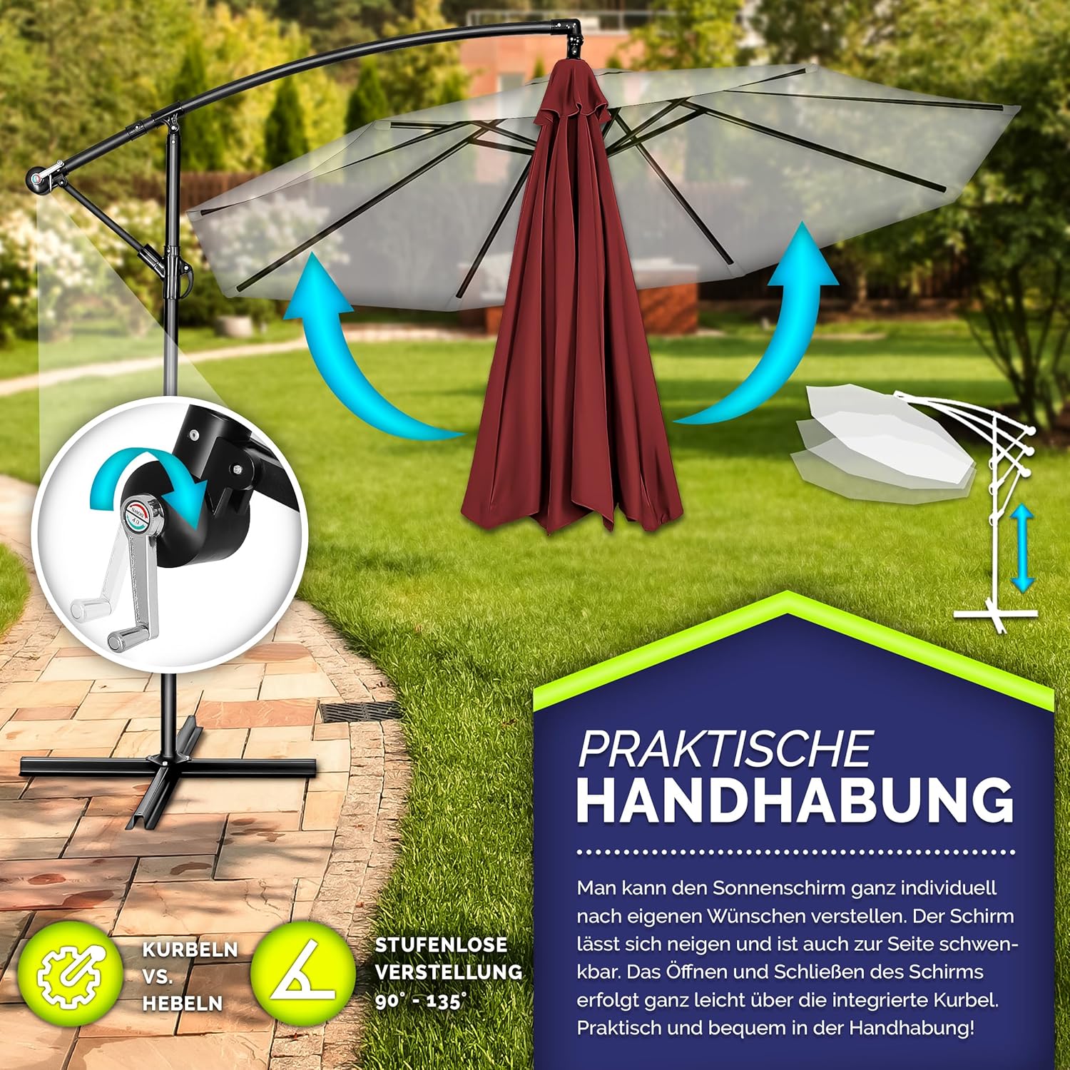 tillvex Alu Sonnenschirm + Abdeckung Ø 300 cm mit Kurbel | Ampelschirm mit Ständer & Windschutz | Gartenschirm UV-Schutz Aluminium | Kurbelschirm Marktschirm wasserdicht 360° drehbar
