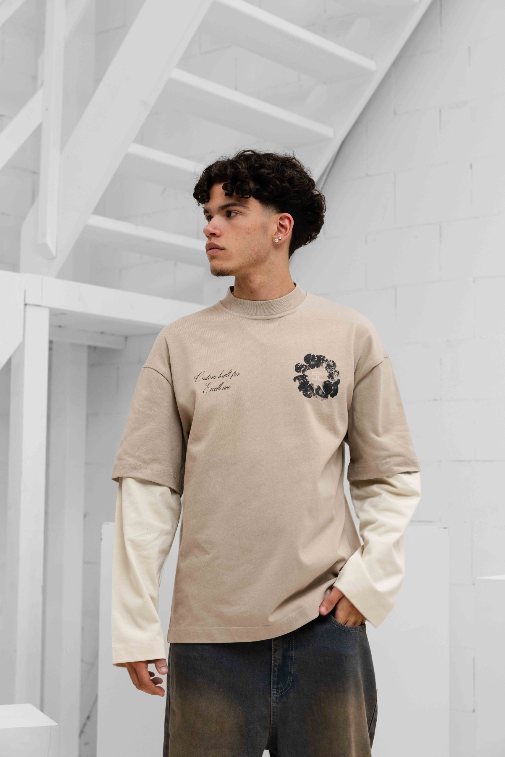 Jorcustom Flowers Double Layered Longsleeve T-Shirt Heren Taupe/Beige