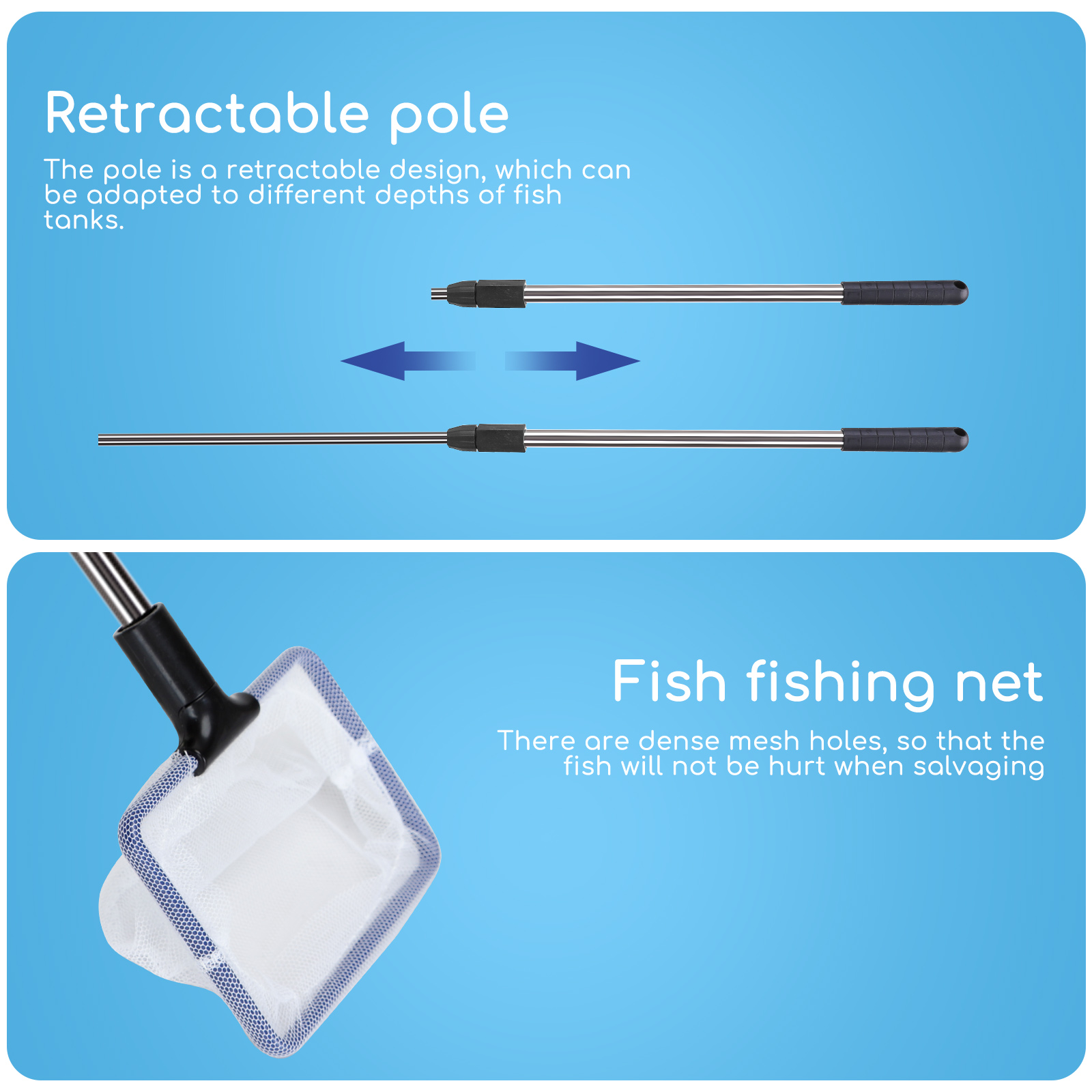 Kit de limpeza para aquário Nobleza 5 em 1, retrátil, com rede de pesca, raspador de algas, rastelo para cascalho, garfo para plantas e esponja.
