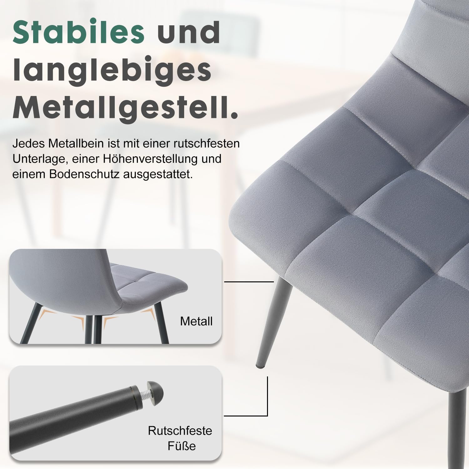 DUMOS Esszimmerstühle 4er Set, für Wohnzimmer Küche Esszimmer, Küchenstühle Gepolstert mit Rückenlehne, Sitzfläche aus Samt, Polsterstuhl mit Metallbeinen, bis 150 kg Belastbar, Dunkelgrau