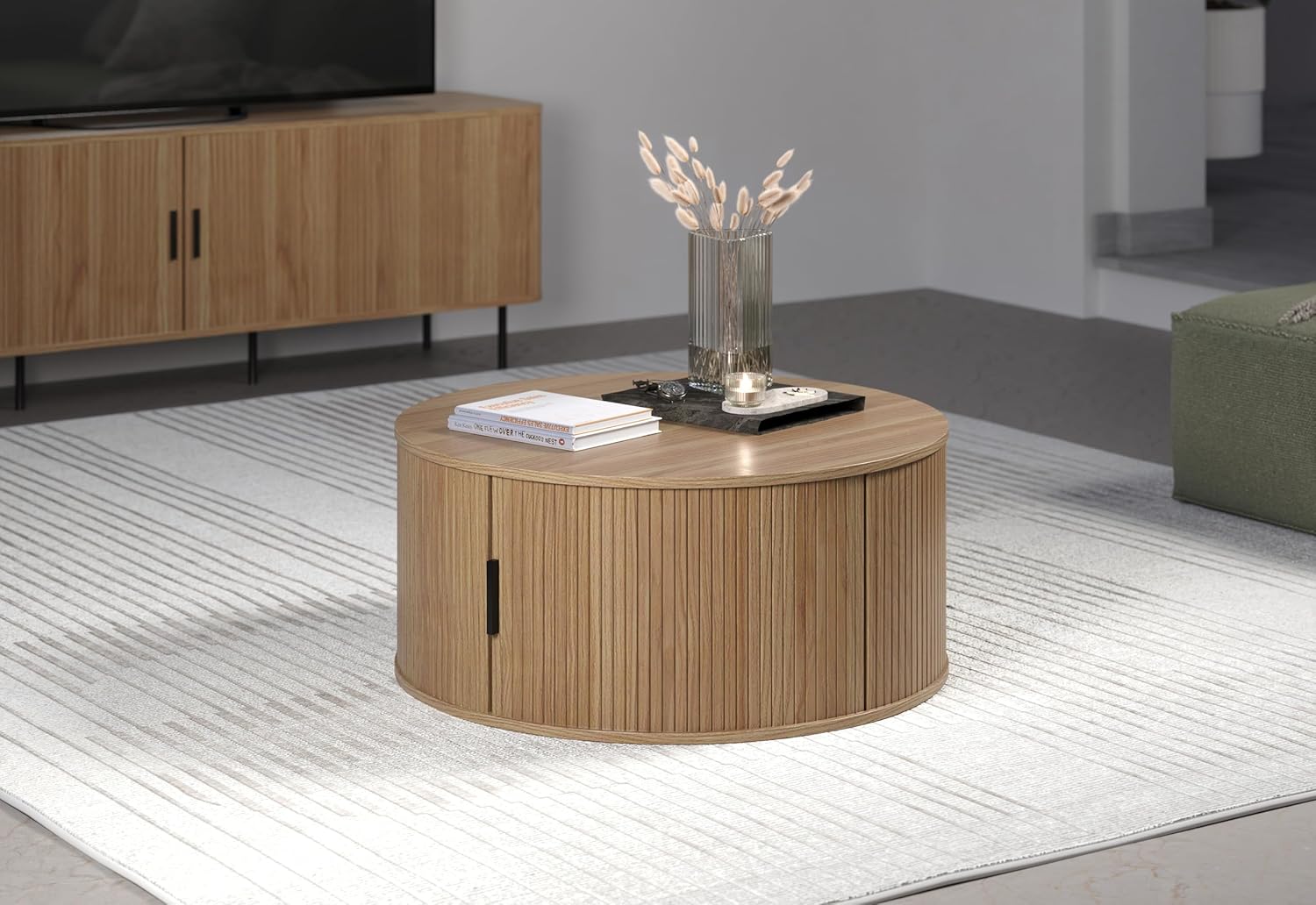 trendteam smart living - Ronin - Couchtisch - Eiche - Wohnzimmertisch rund mit Stauraum - (BxHxT) 80 x 36 x 80 cm - warme Eichefarbgebung mit vertikalen Rillen