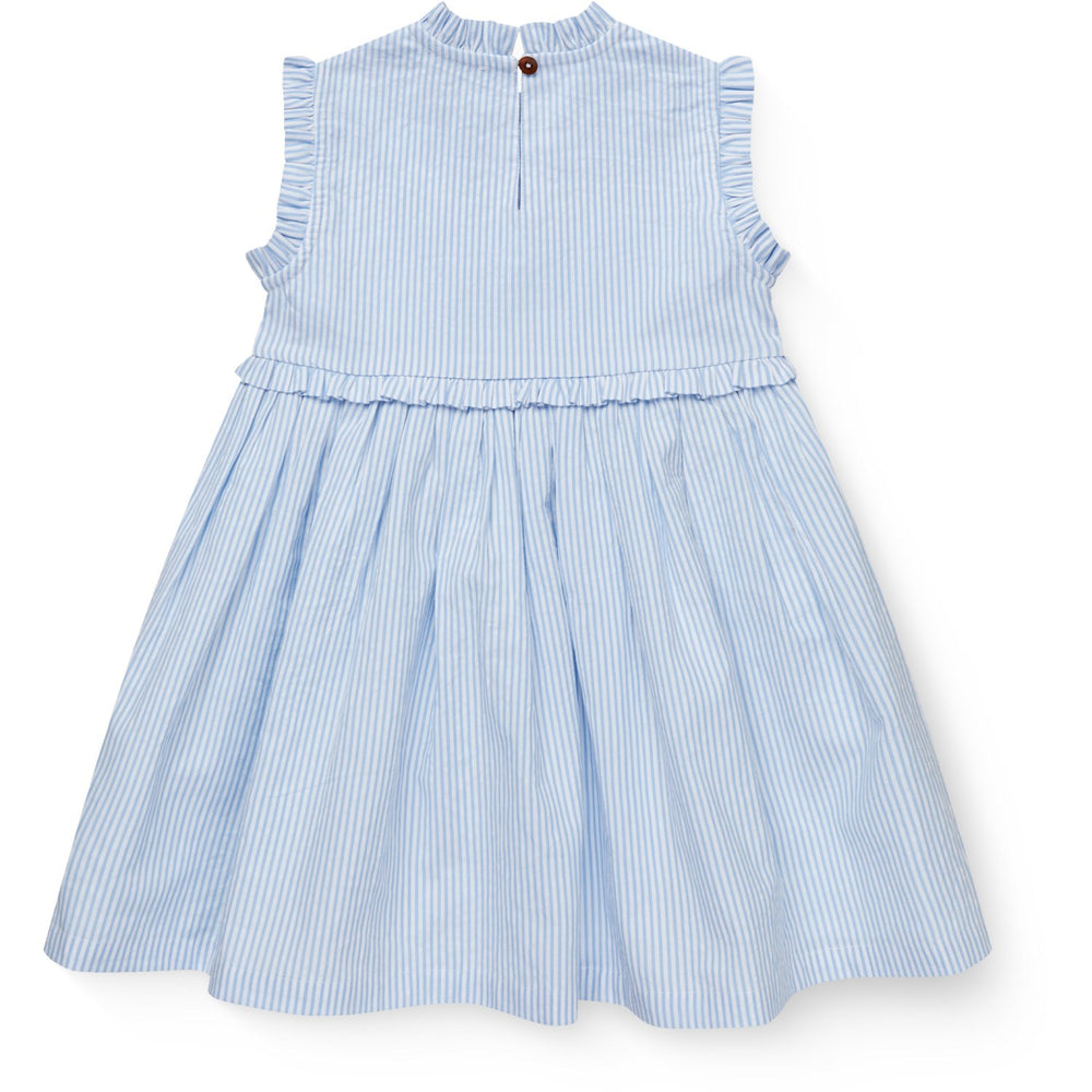 Køb COPENHAGEN COLORS Sky Blue W Cream Stripe Seersucker Kjole W. Ruffles Og Emb.