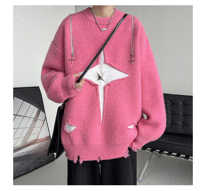 ROOSE - Oversized trui met ronde hals en tweekleurige ritsaccenten