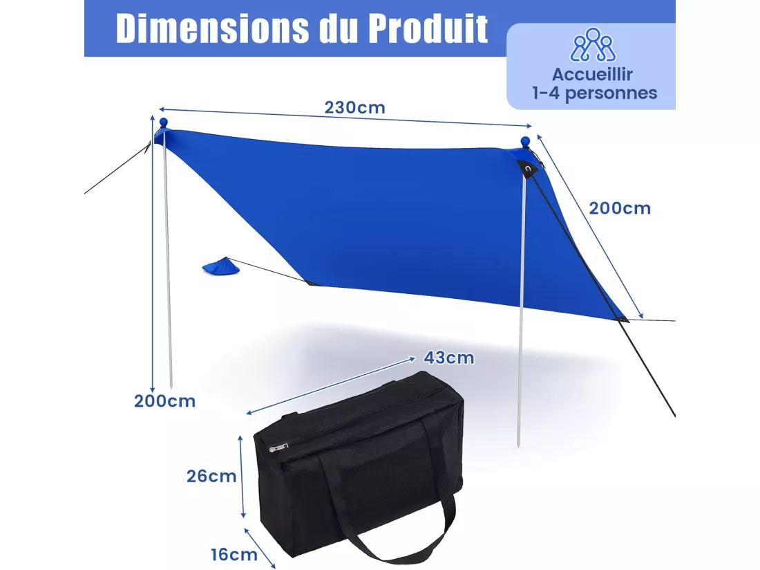 Tente de Plage Portable 2,3 x 2 M Anti UV UPF50+, Abris Solaire de Plage avec 4 Sacs pour Sable Piquets de Sol 2 Poteaux Sac de Transport, Idéal pour Plage Camping Pêche (Bleu)