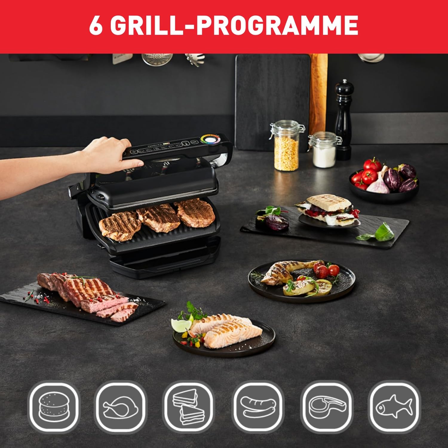 Tefal OptiGrill Kontaktgrill, 6 automatische Programme, Garstufenanzeige, passt Temperatur und Grillzyklus ans Grillgut an, abnehmbare Platten, manueller Modus, Elektrogrill, schwarz, GC705816