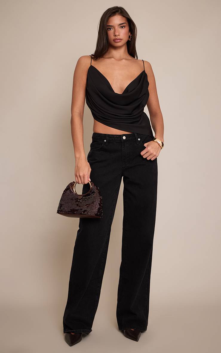 Noir Top Drapé En Satin À Encolure Cowl Plongeante