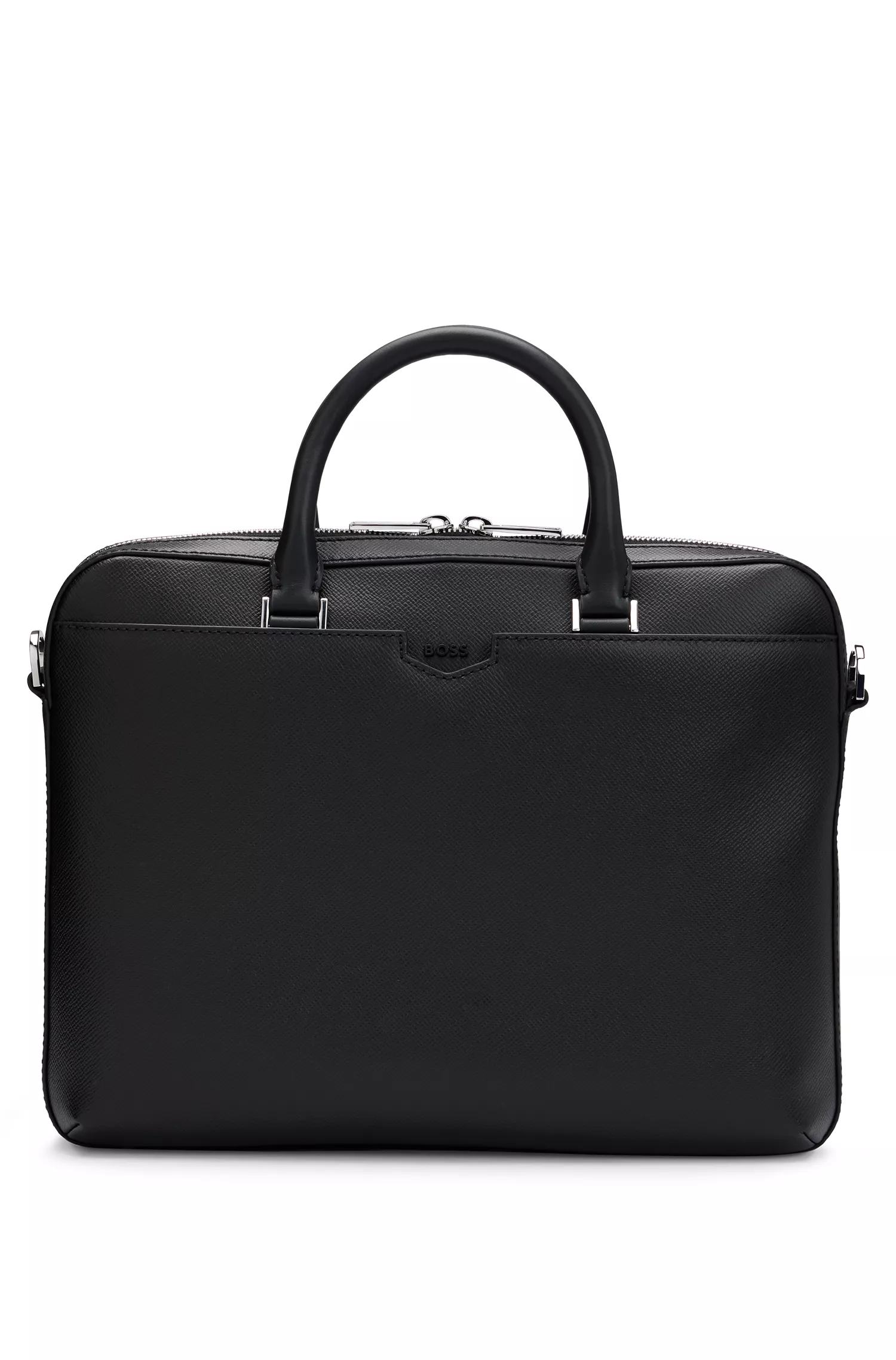Pasta para documentos BOSS preta com zíper, em couro, com bolsa interna removível.