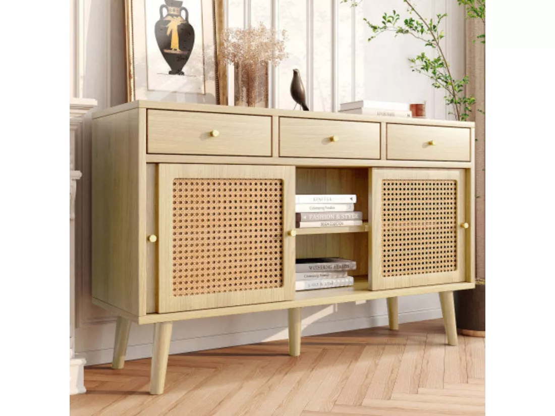 Buffet en chêne avec tiroirs et porte coulissante en rotin, coloris chêne,d120cm×h78cm