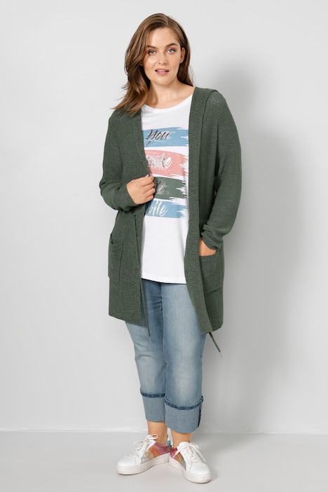 Strickjacke, Kapuze, Taillen-Bindeband, Langarm
