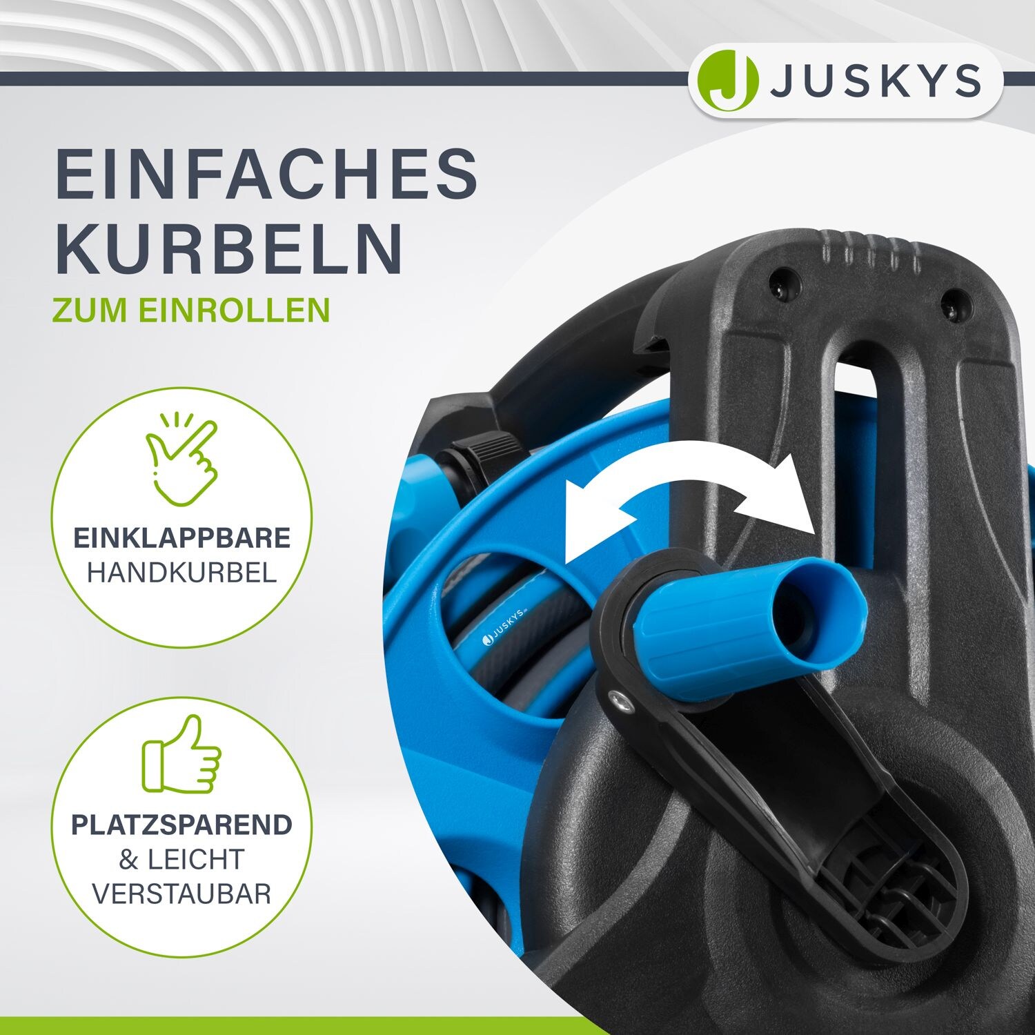 Juskys Schlauchtrommel Basic mit 30 m Wasserschlauch, Multifunktionsbrause und Halterung – Blau Grau
