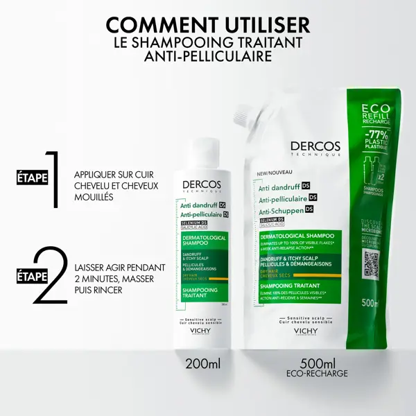 Vichy Dercos Shampooing Antipelliculaire DS Cheveux Secs 200ml + Écorecharge 500ml