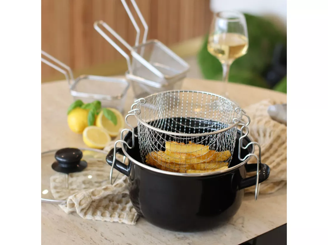 Menastyl - Friteuse 26cm En Acier Email Noir Bord Chrome + Couvercle Et Panier