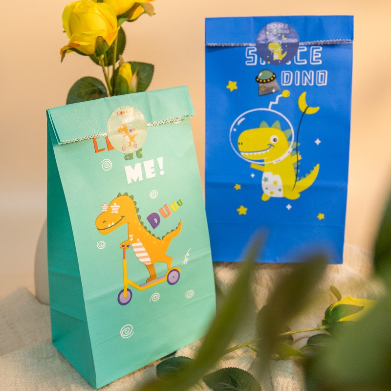 (24er Set) 23x12cm Bunte Kinder Papiertüten Candy Gift Bags   Sticker - Dino