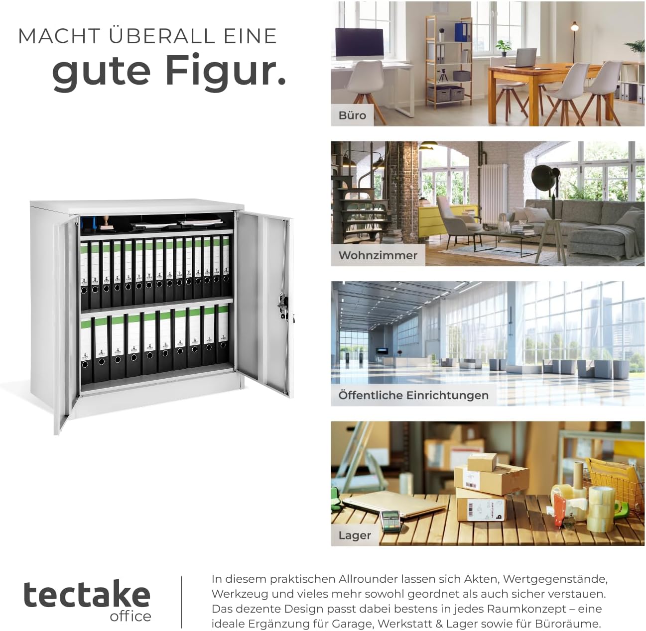 tectake® Aktenschrank abschließbar, Metallschrank mit Sicherheits-Zylinderschloss, Büroschrank abschließbar, Mehrzweckschrank aus Stahl, 3 höhenverstellbare Einlegeböden, 90 x 40 x 90 cm - grau