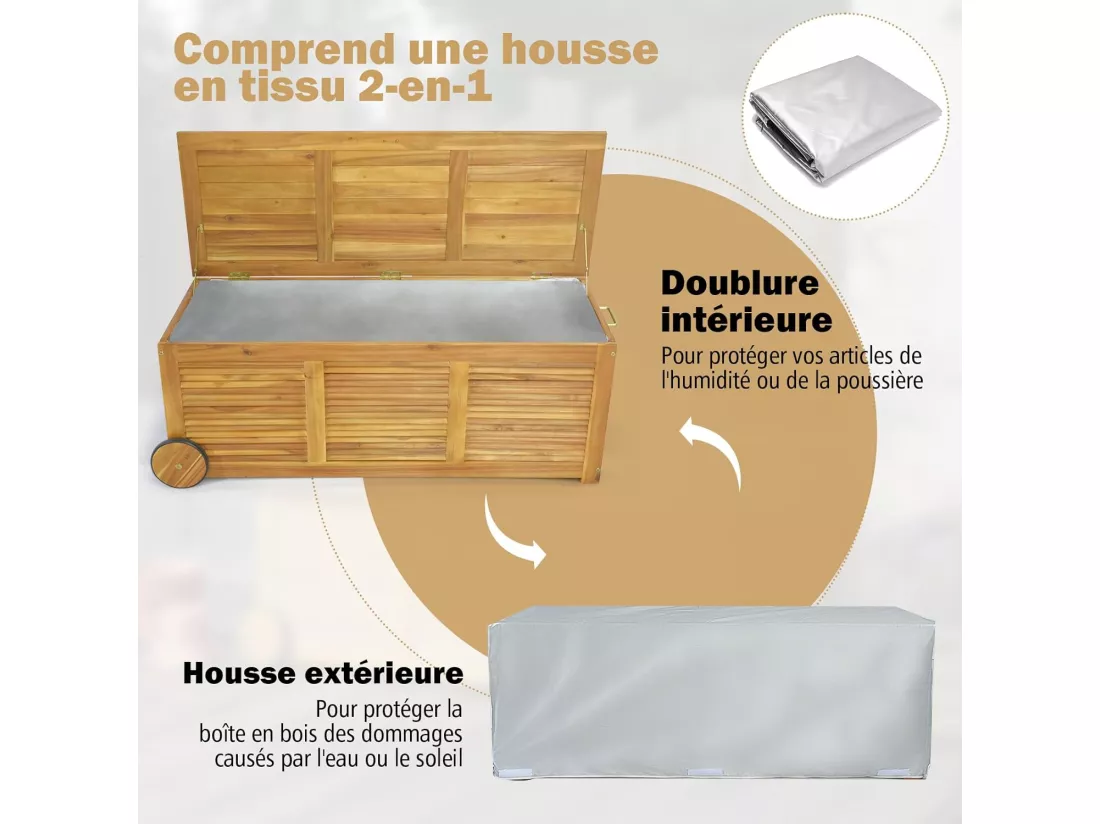 Coffre de Rangement 182L en Bois d'Acacia avec Charnière en Métal, Coffre de Jardin à Roulettes Charge 150KG 127 x 50 x 45 cm, Naturel
