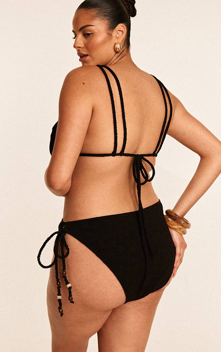 Noir Bas De Bikini Grande Taille À Liens Latéraux Avec Perles Texturées