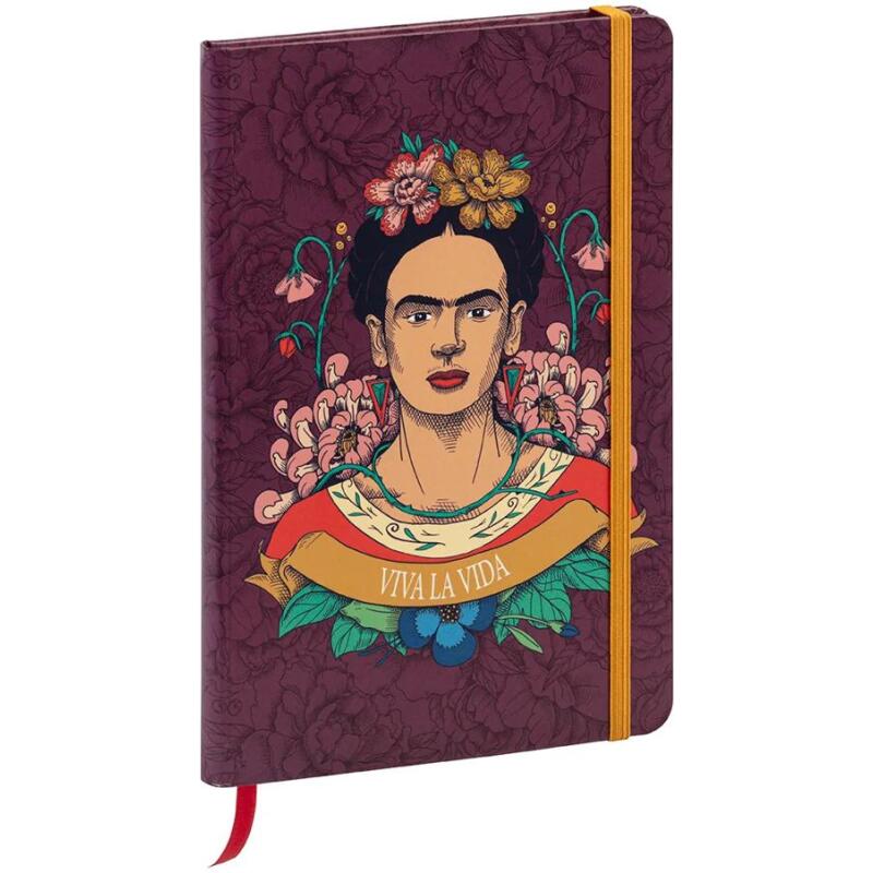Frida Kahlo, Carnet rembordé rigide A5 14,8x21 cm, 160 pages, ligné, marque page, fermeture élastique, ass.