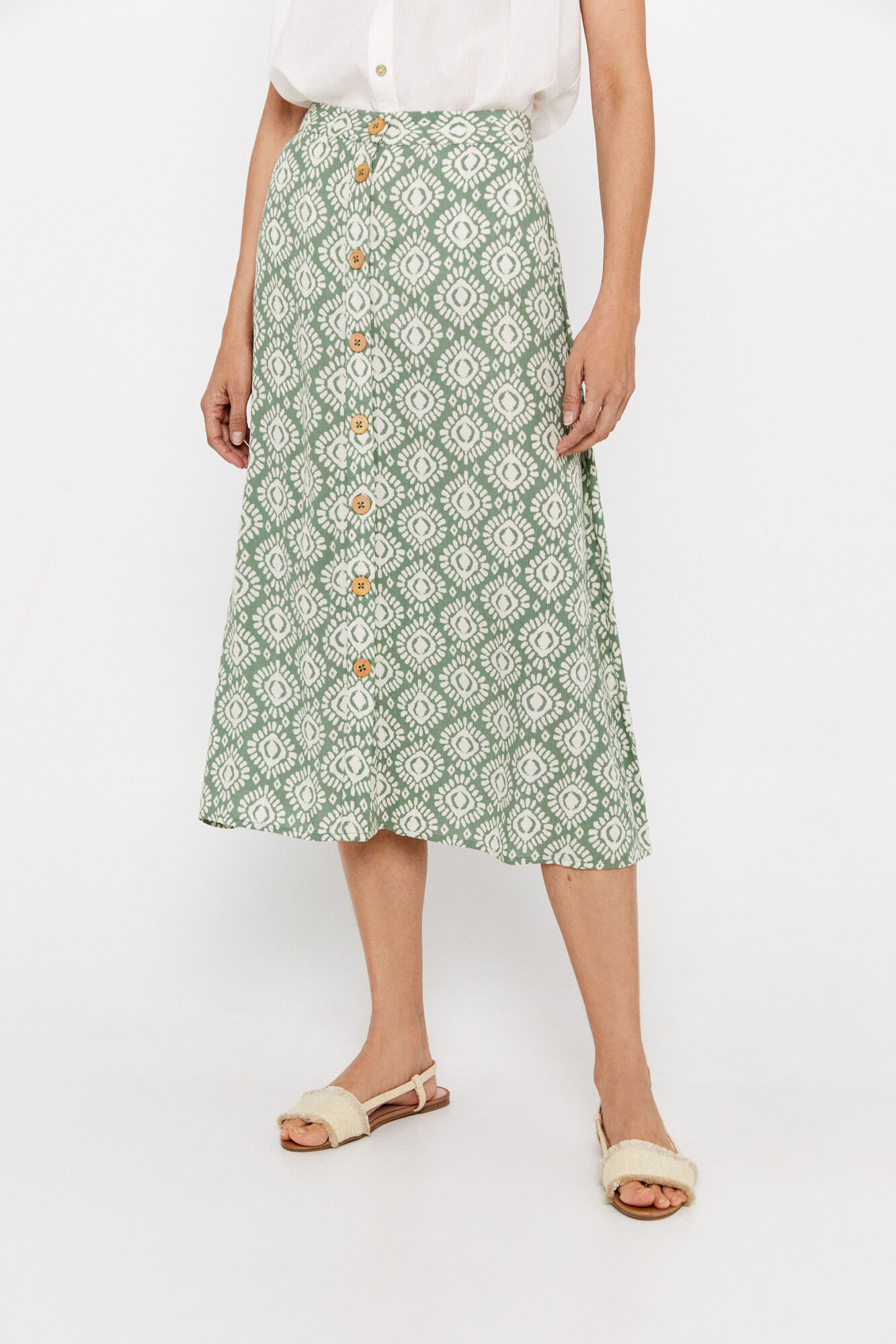 Saia midi estampada com botões centrais - Verde