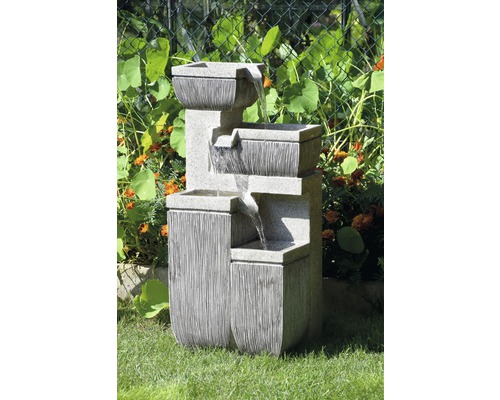 Design tuinfontein met 4 niveaus, 38,7 x 32,3 x 80,3 cm, kunststeen grijs, inclusief slang en pomp.