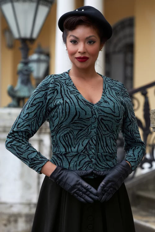 Miss Candyfloss Dariella Kat gebreide cardigan in petrol