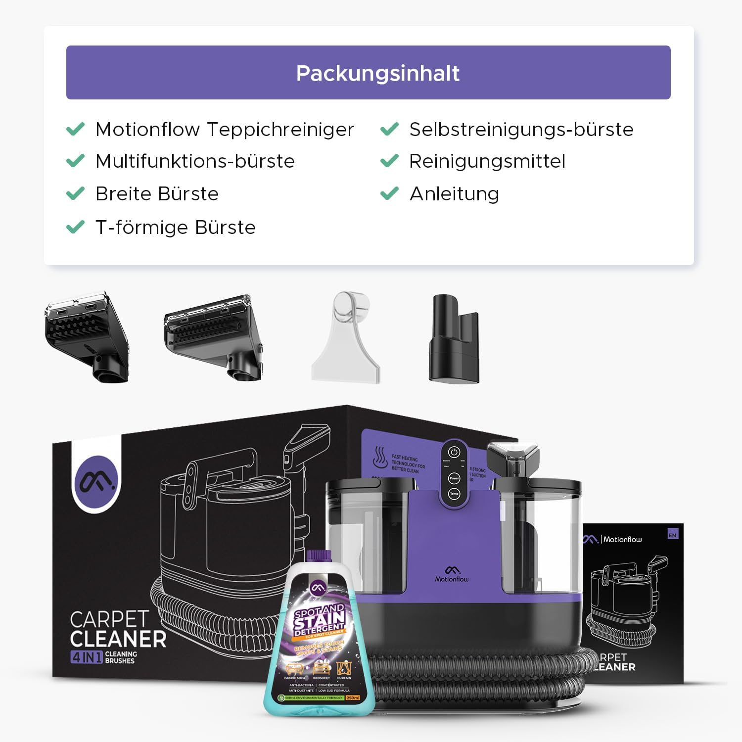Motionflow Teppichreiniger Waschsauger mit Heizfunktion - 1200W Polsterreiniger Gerät für Teppiche, Polstermöbel, Autositze uvm. Nasssauger mit 4 Bürstenaufsätzen, Selbstreinigung, 15s Aufheiz-Zeit
