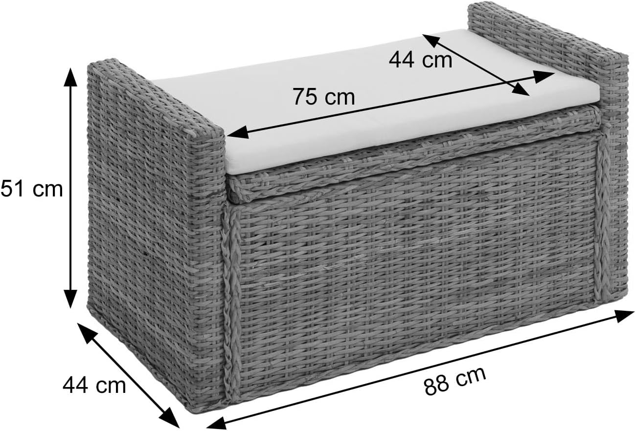 Mendler Aufbewahrungstruhe M92, Truhe Sitzbank Garderobenbank, Kissen Kubu Rattan 88cm - grau-braun