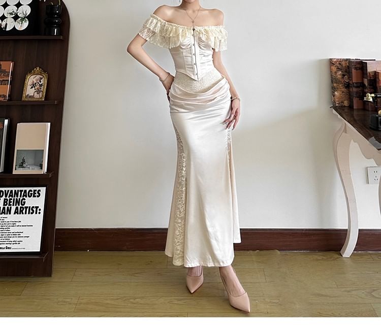 Autuna - Off Shoulder Effen Crop Top / Lage Taille Effen Maxi Zeemeerminrok