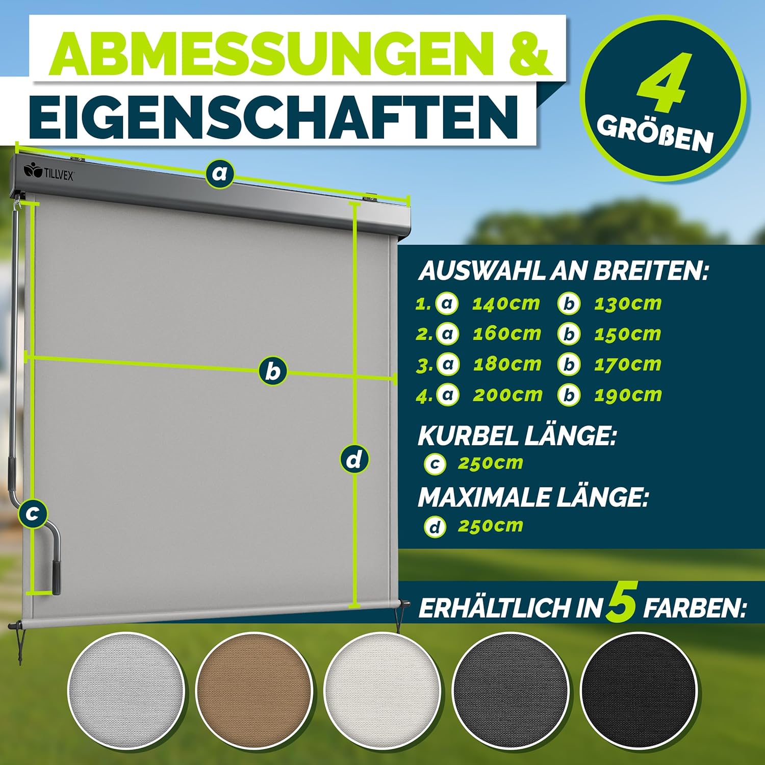 tillvex® Senkrechtmarkise 200 x 250 cm für Außen- und Innenbereich | Außenrollo wasserfest mit Handkurbel für Balkon, Terrasse & Garten | Balkonrollo Sonnenschutz aus Aluminium | Rollo Sichtschutz