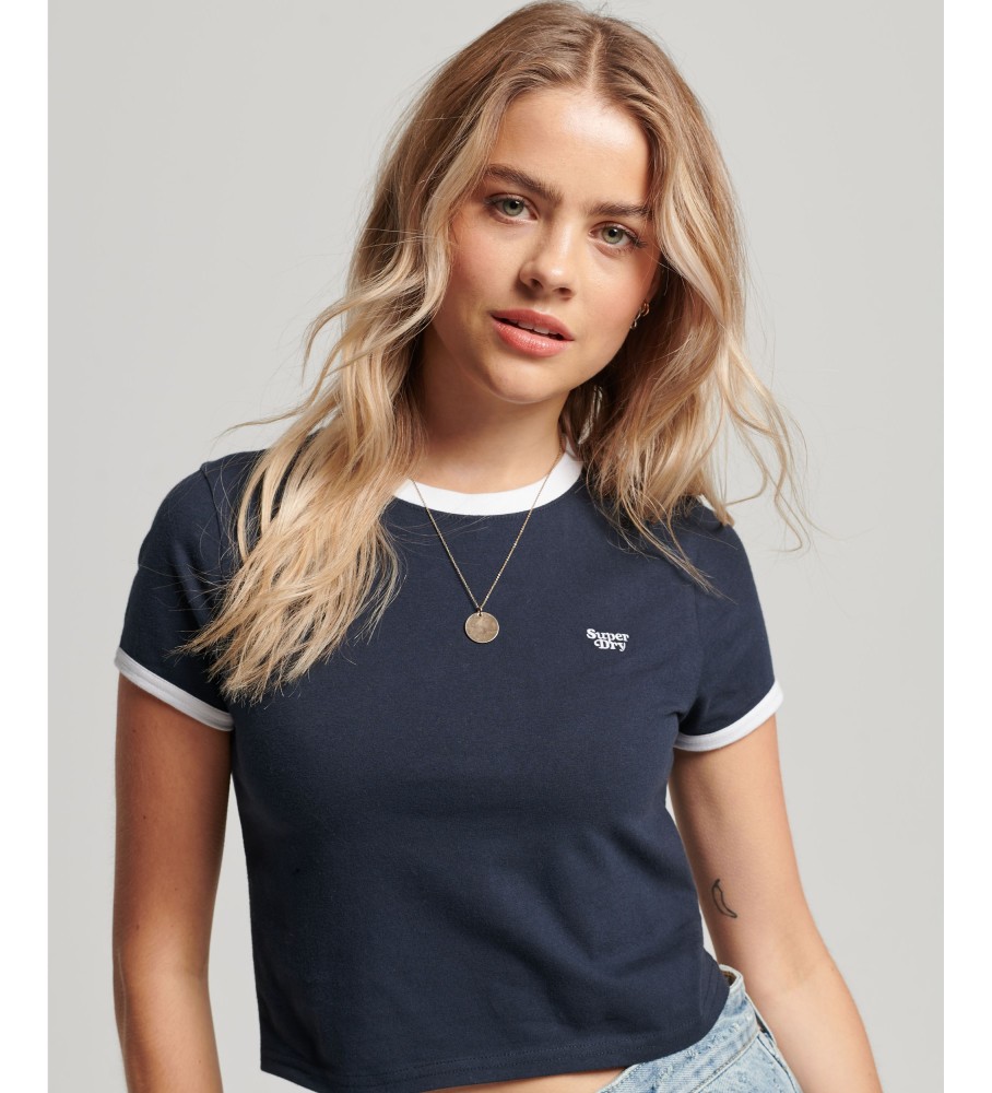 Camiseta cropped de algodão orgânico Superdry com detalhes em azul marinho.