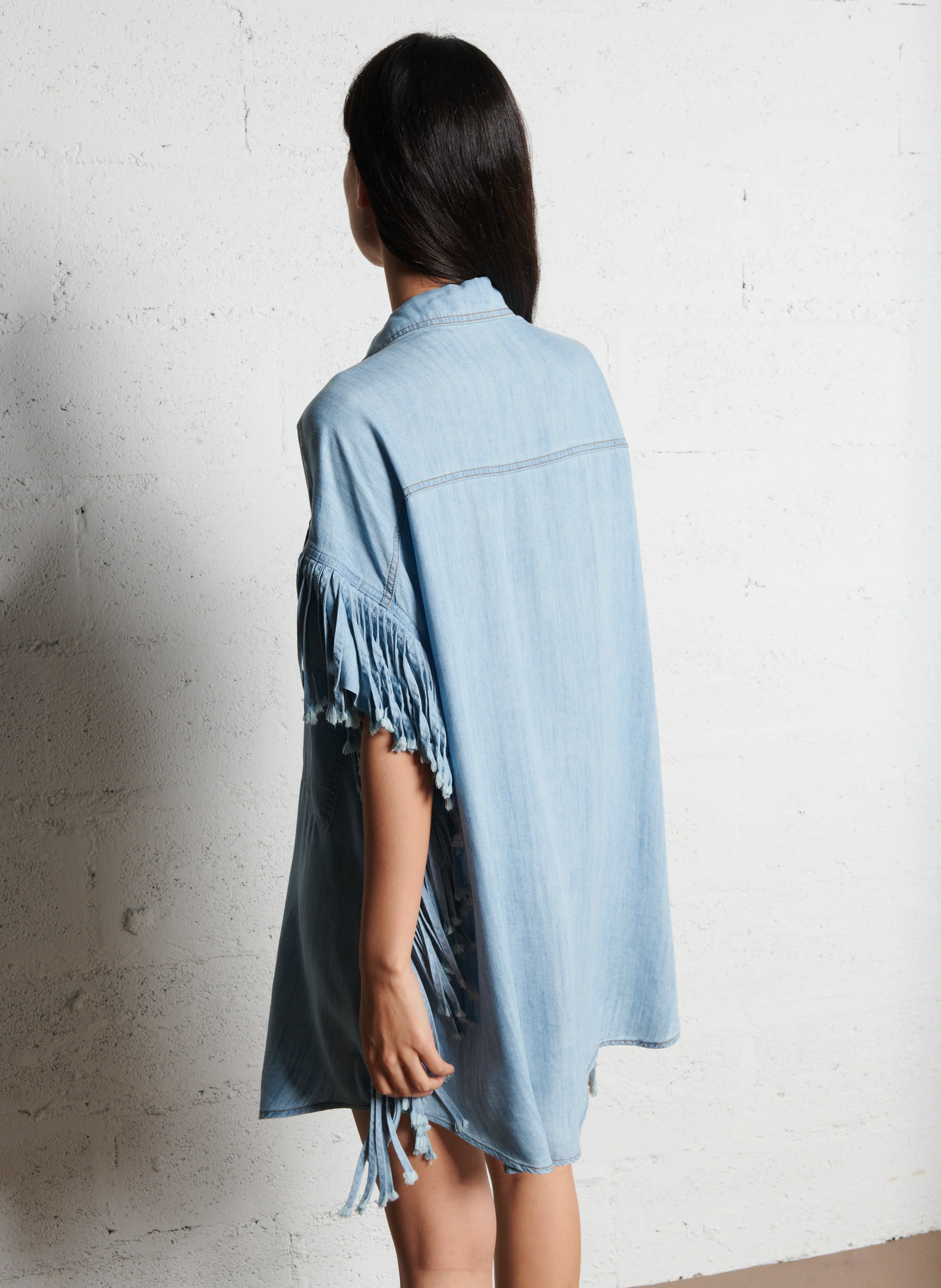 IBRONSON - Robe chemise courte à franges | Bleu