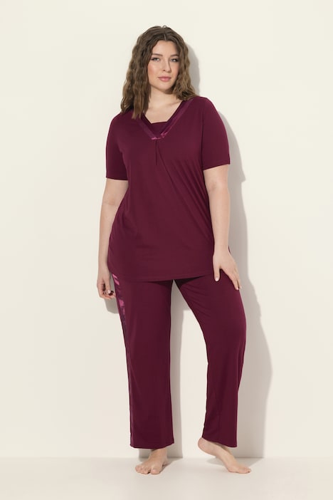 Pyjama, Satindetails, V-Ausschnitt, Halbarm
