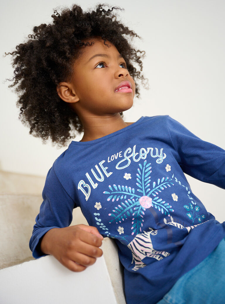 T-shirt bleu foncé avec animation zèbre pour fille
