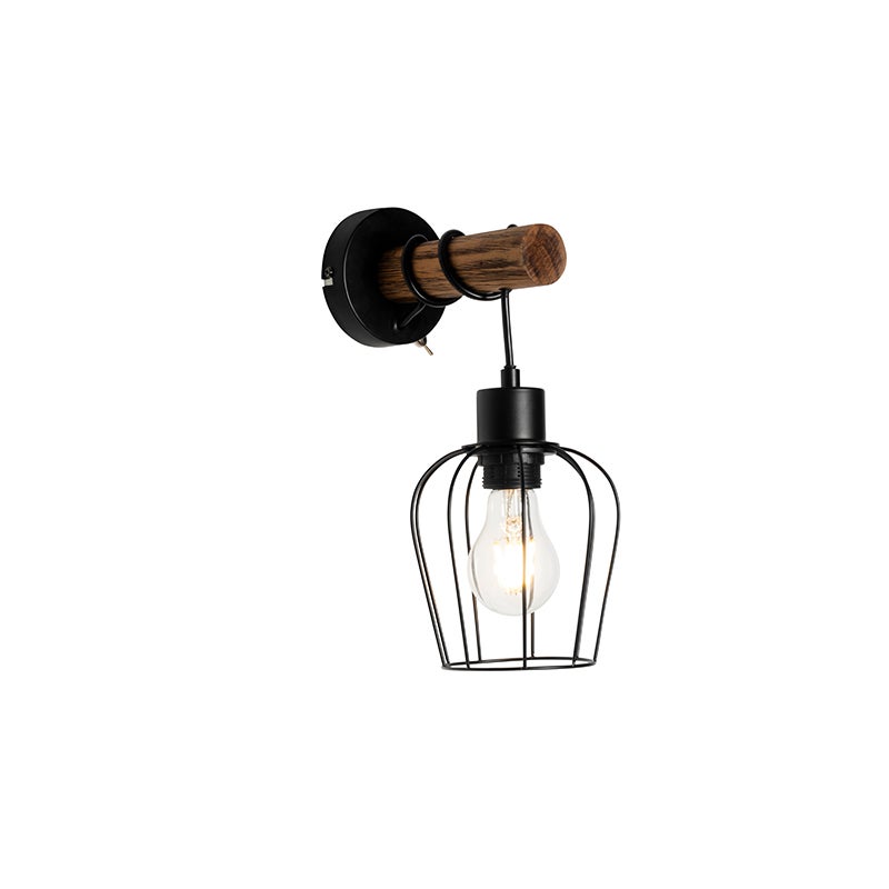 Wandlamp in landelijke stijl, zwart met hout - Stronk