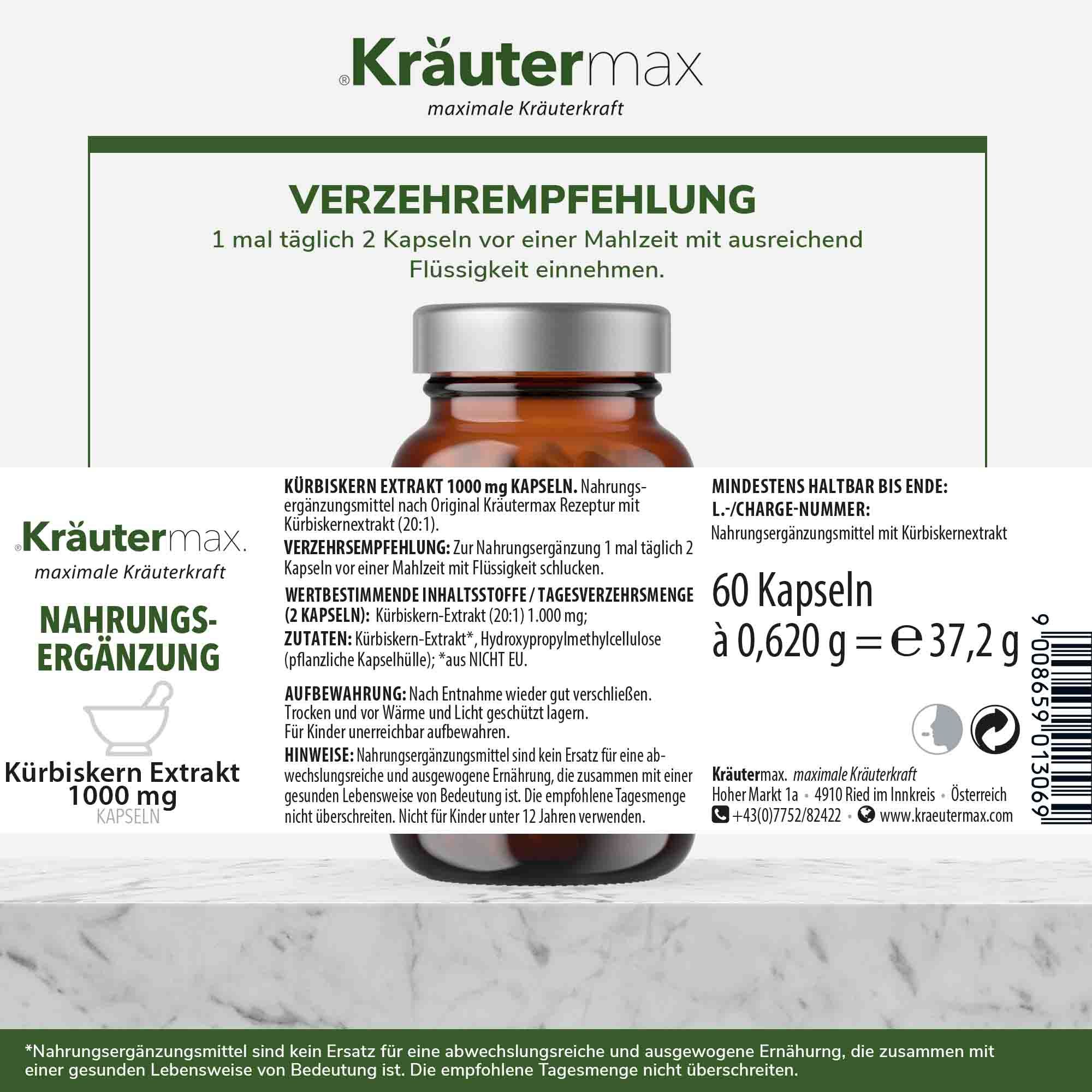 Kräutermax Kürbiskern Extrakt 1000 mg Kapseln