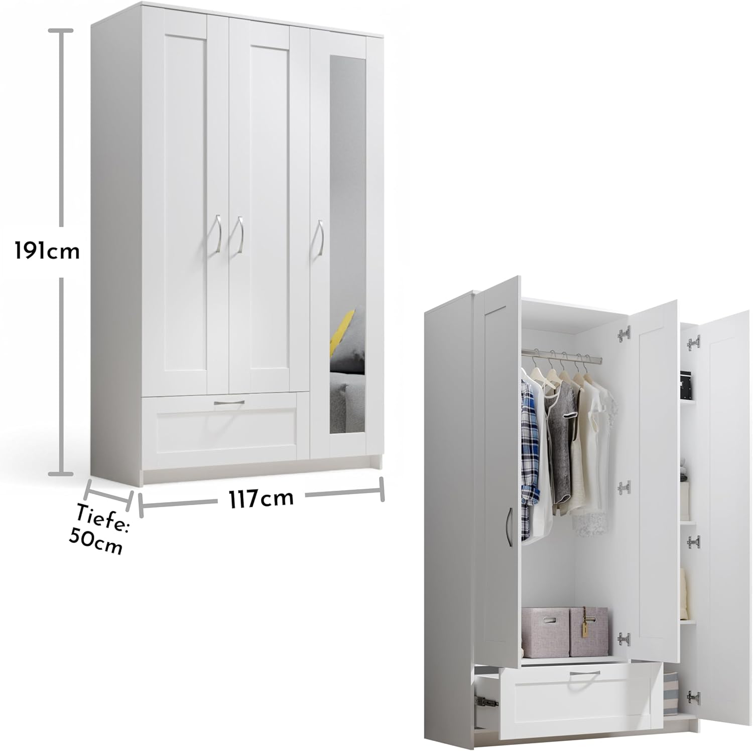 Stella Trading LEPINI Kleiderschrank mit Spiegeltür in Weiß - Vielseitiger Drehtürenschrank 3-türig für Ihr Schlafzimmer - 117 x 191 x 50 cm (B/H/T)