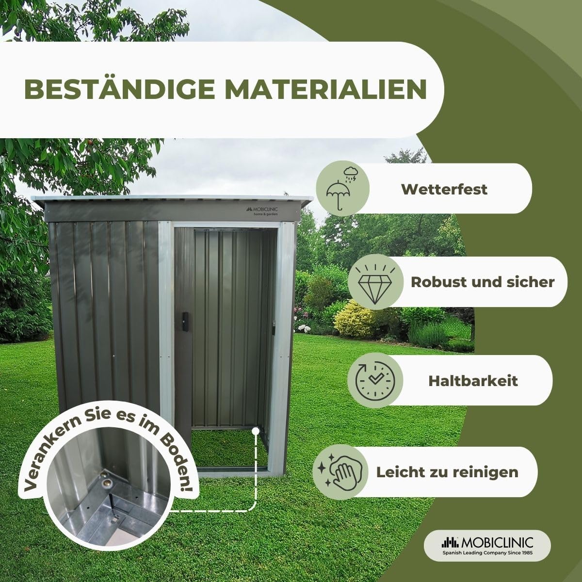Mobiclinic®, Gerätehaus, Mit Schiebetür, 150 x 75 x 181 cm, Outdoor-Schrank, Abschließbar, Nomi, Schrägdach, 1.4 m², Sichere Aufbewahrung, Strapazierfähig, Grau