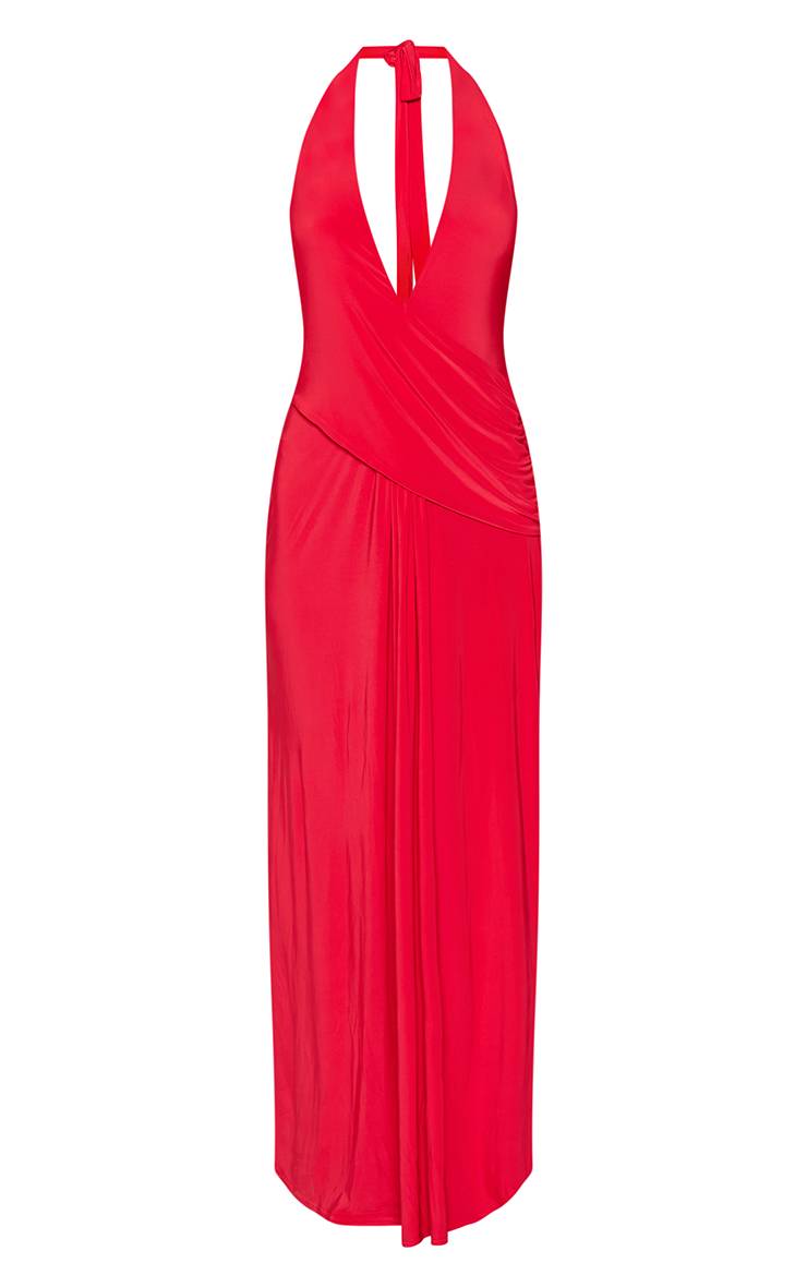 Rouge Robe Maxi Drapée En Tissu Fluide Double Épaisseur