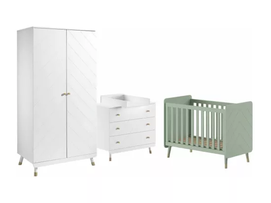 TINY WHITE - Chambre avec lit bébé vert + table à langer + Armoire 2 Portes