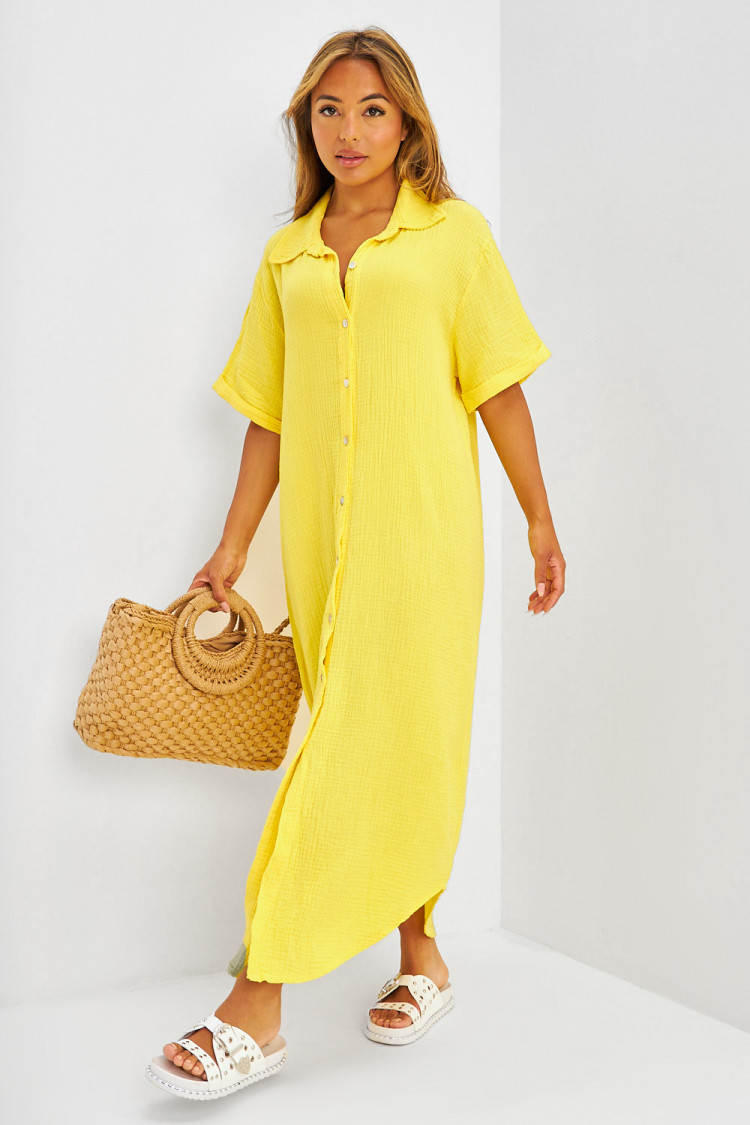 Robe longue maxi chemise en gaze de coton jaune