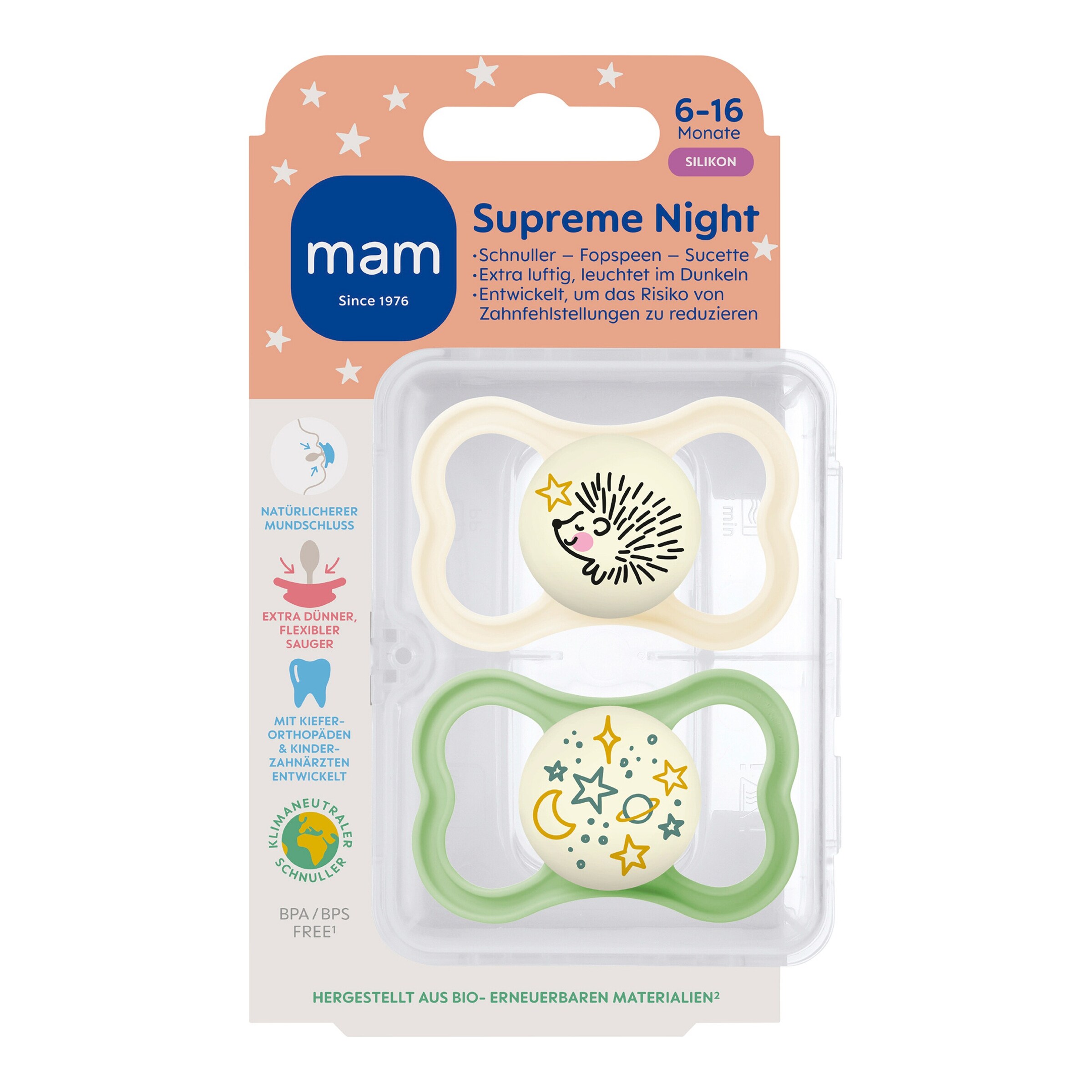 MAM 2er-Pack Schnuller Supreme Night Silikon, 6-16M uni