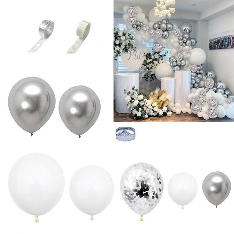 (125-tlg. Set) Party Ballons Luftballons mit Konfetti - Silber / Weiss