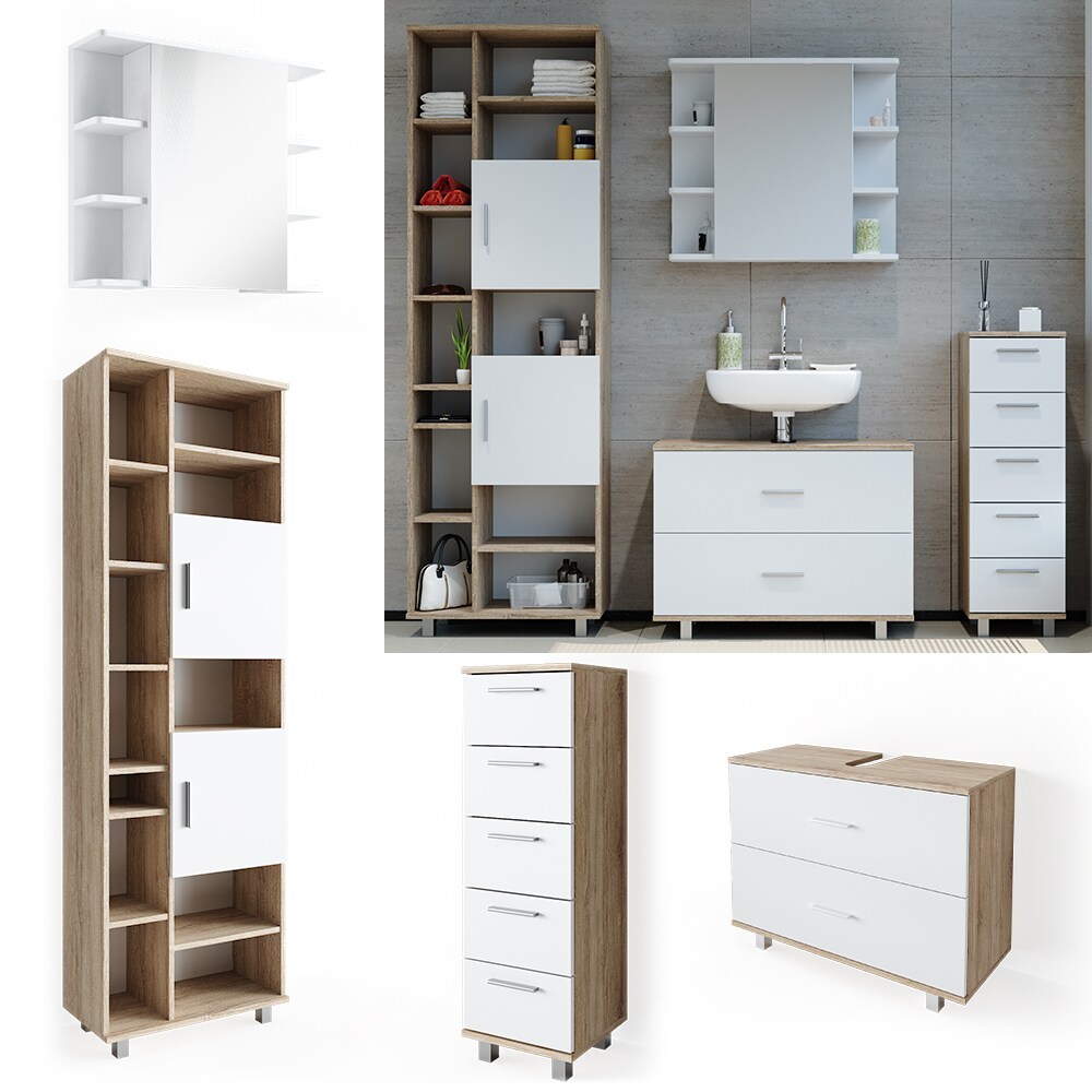 VICCO Badmöbel Set ILIAS Weiß Eiche Spiegel Kommode Unterschrank Badschrank