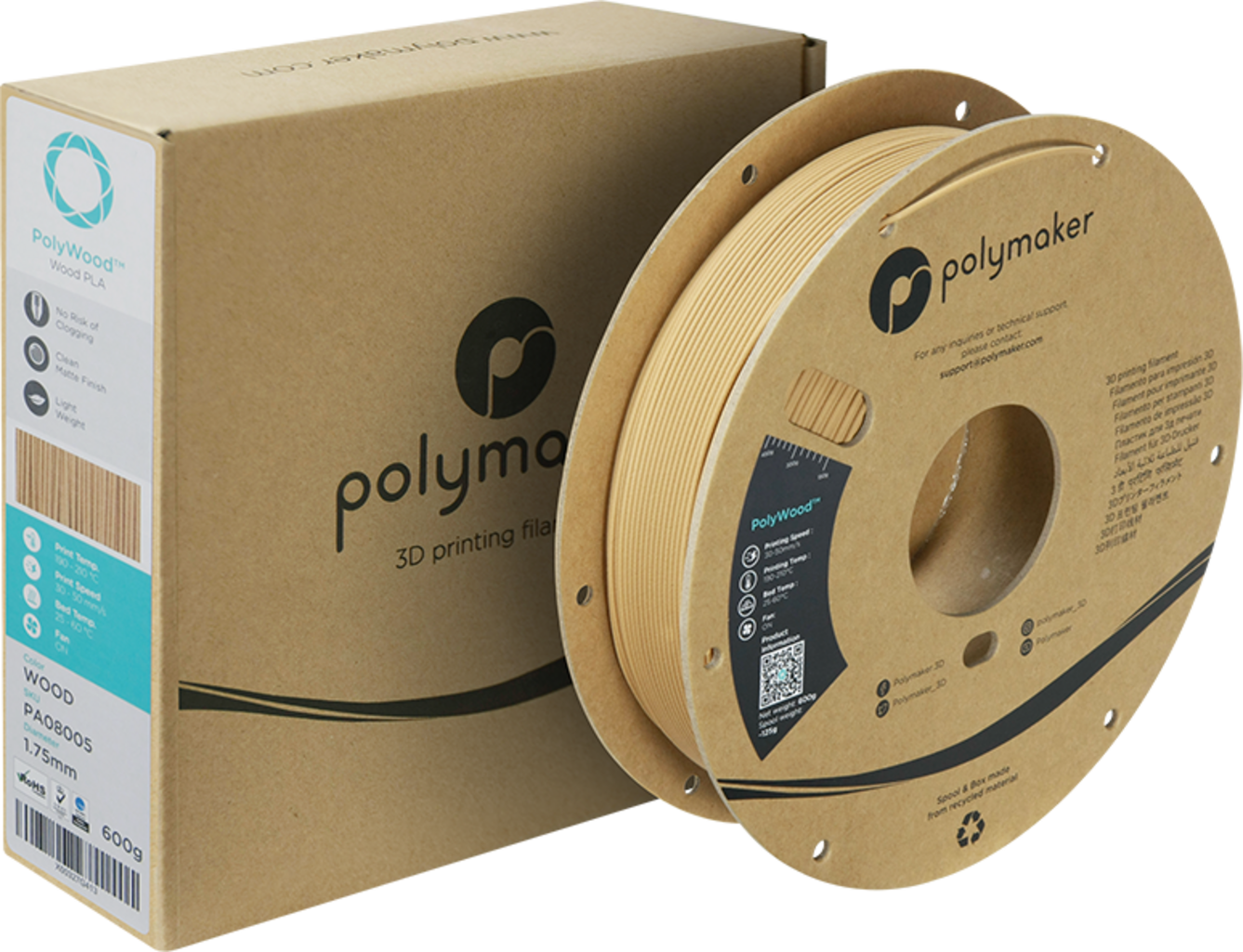 Polymaker  PolyWood, 1,75 mm / 600 g    Das Holz-Filament ohne Holz