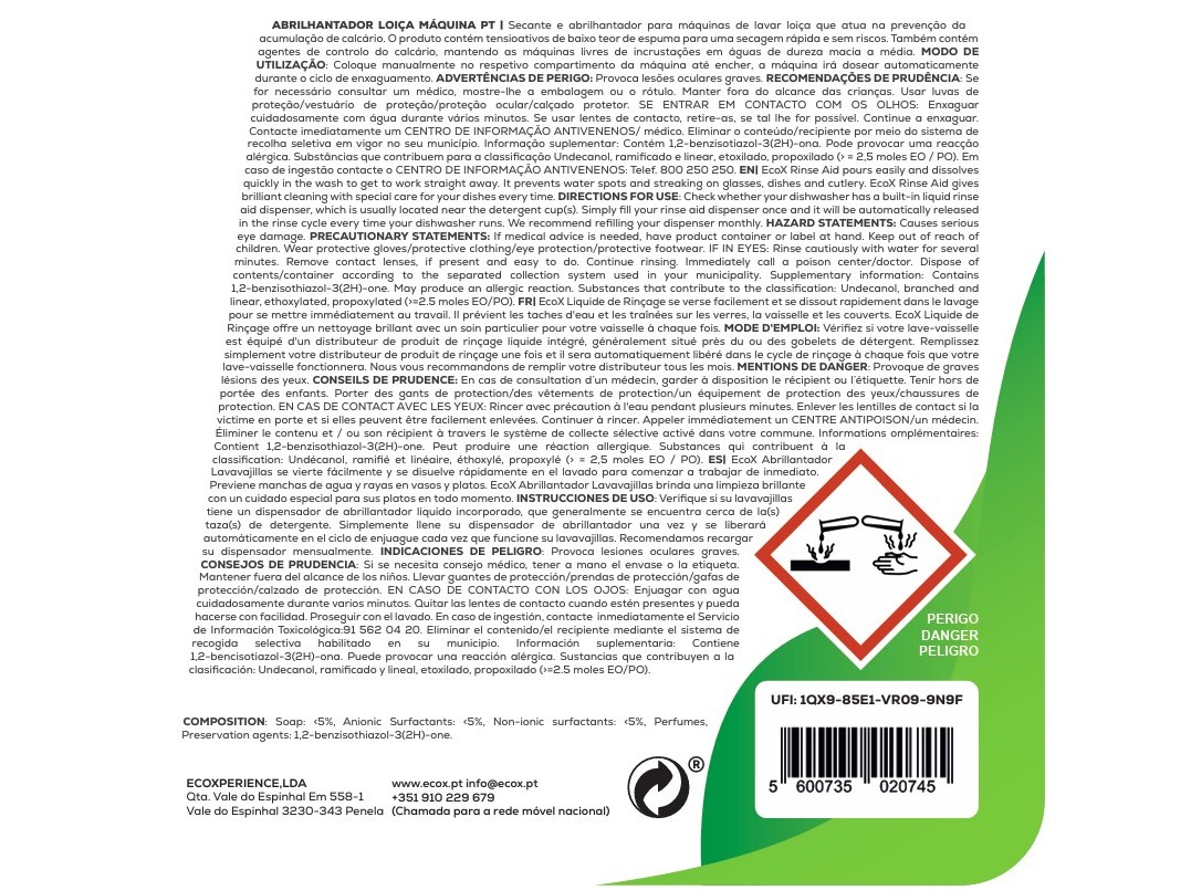 ABRILHANTADOR LOIÇA ECOX MÁQUINA 850ML