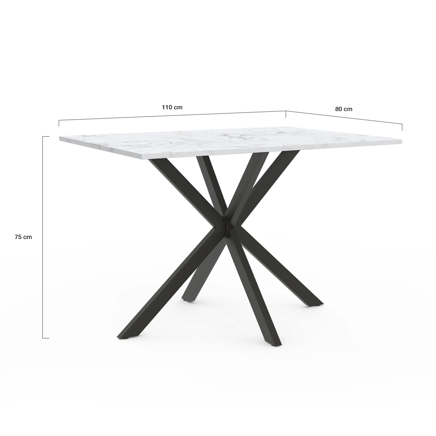 Table à manger rectangle ALIX 6 personnes pied araignée noir et plateau effet marbre blanc ALASKA 110 cm