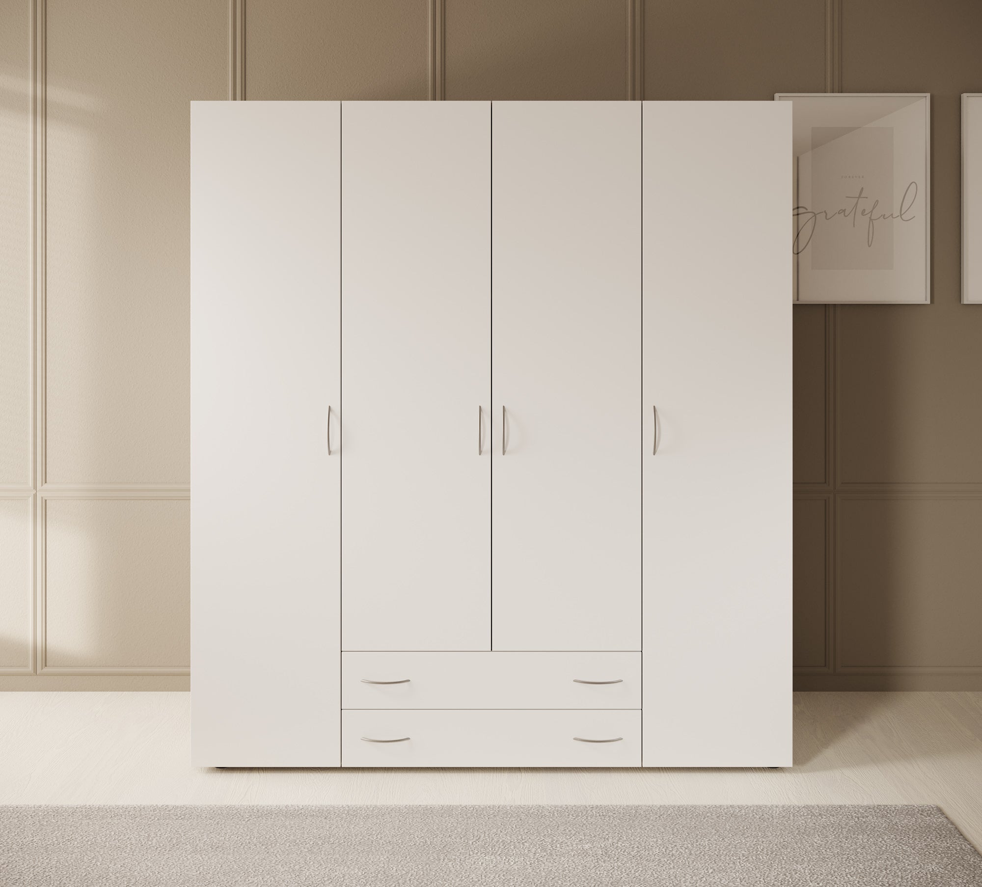 Serra - Kledingkast 4-deurs - Wit/licht eiken - 160x51x177 cm