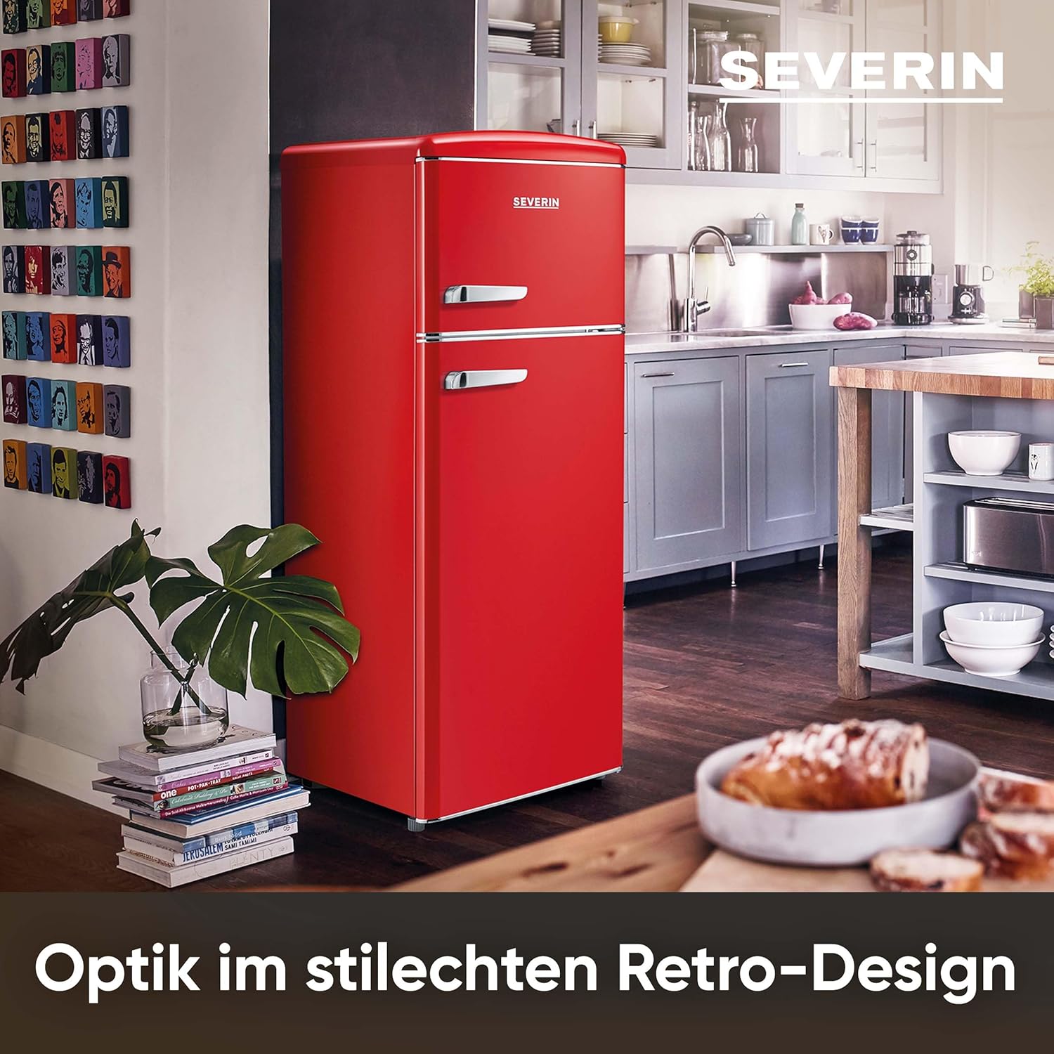 SEVERIN Retro - Kühl-/ Gefrierkombination, platzsparendes Raumwunder, 4 x höhenverstellbare Abstellflächen und eine große Veggiebox, 206 L Nutzinhalt, rot, RKG 8930