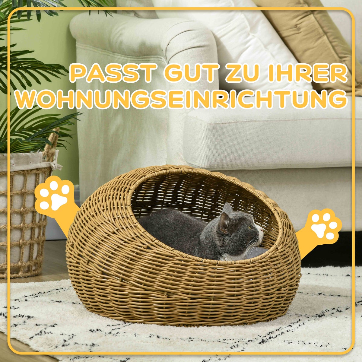 PawHut rotan kattenmand, Ø50 x 31H cm, PE rotan, polyester, bruin