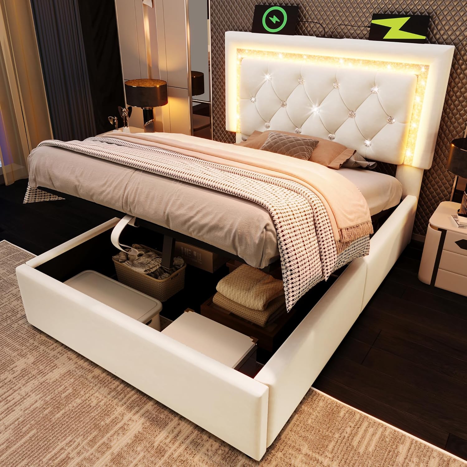 Polsterbett Samt Einzelbett mit LED-Diamantband im Kopfteil, USB & Type-C Ladestation, hydraulischem Bettkasten mit Stauraum, modernes Jugendbett mit Lattenrost(Ohne Matratze) (Beige, 90x200cm)